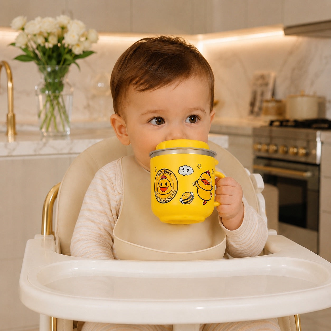 Bébé sur une chaise haute boit avec un tasse d'apprentissage bebe 