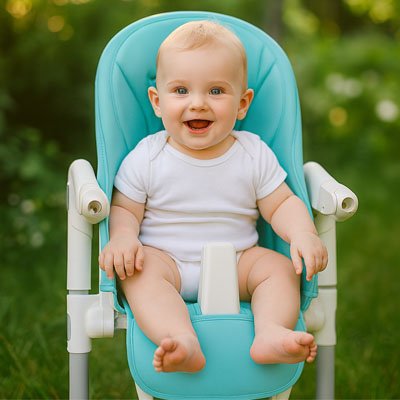 Bébé sur un coussin chaise haute qui est un équipement repas pour bébé 