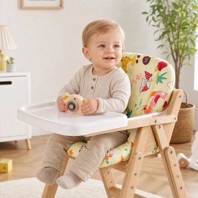 Bébé  sur un coussin chaise haute 