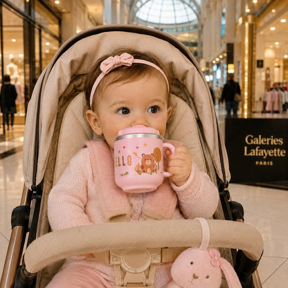 Bébé sur une poussette boit avec un tasse d'apprentissage bebe 