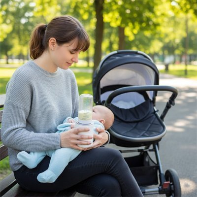 Chauffe biberon avec maman dans un parc