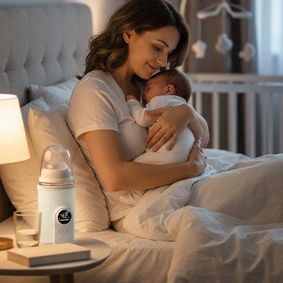 Chauffe biberon sur table avec bebe dors 