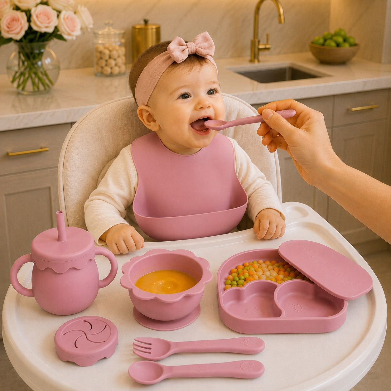 coffret repas bebe 6 pieces rose
