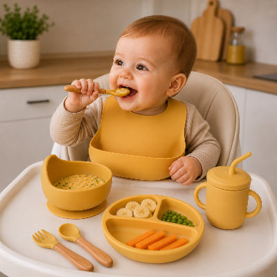 Coffret repas bébé couleur kaki sur table de chaise haute