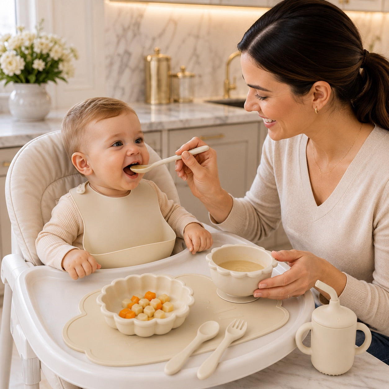 Coffret repas bébé de couleur beige