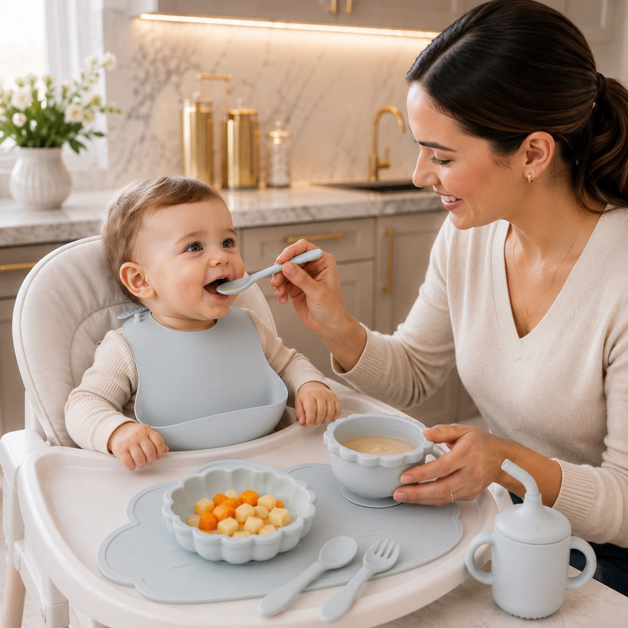Coffret repas bébé de couleur bleu gris