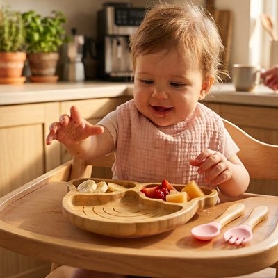 Coffret repas bébé rose sur la table