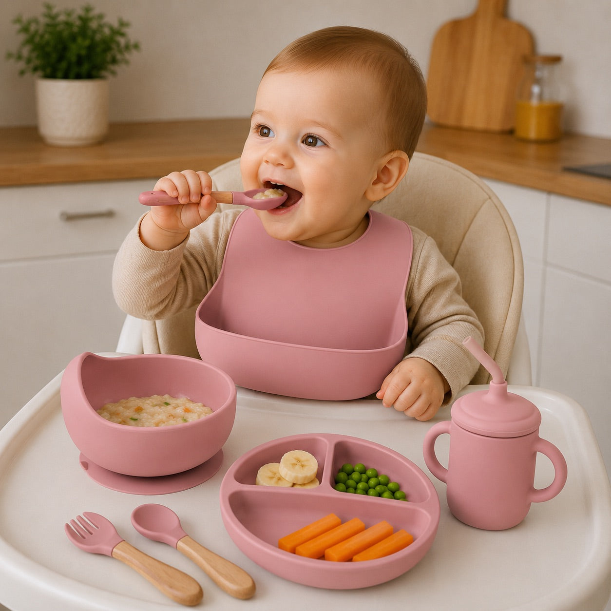 Coffret repas bébé  rose sur table de chaise haute