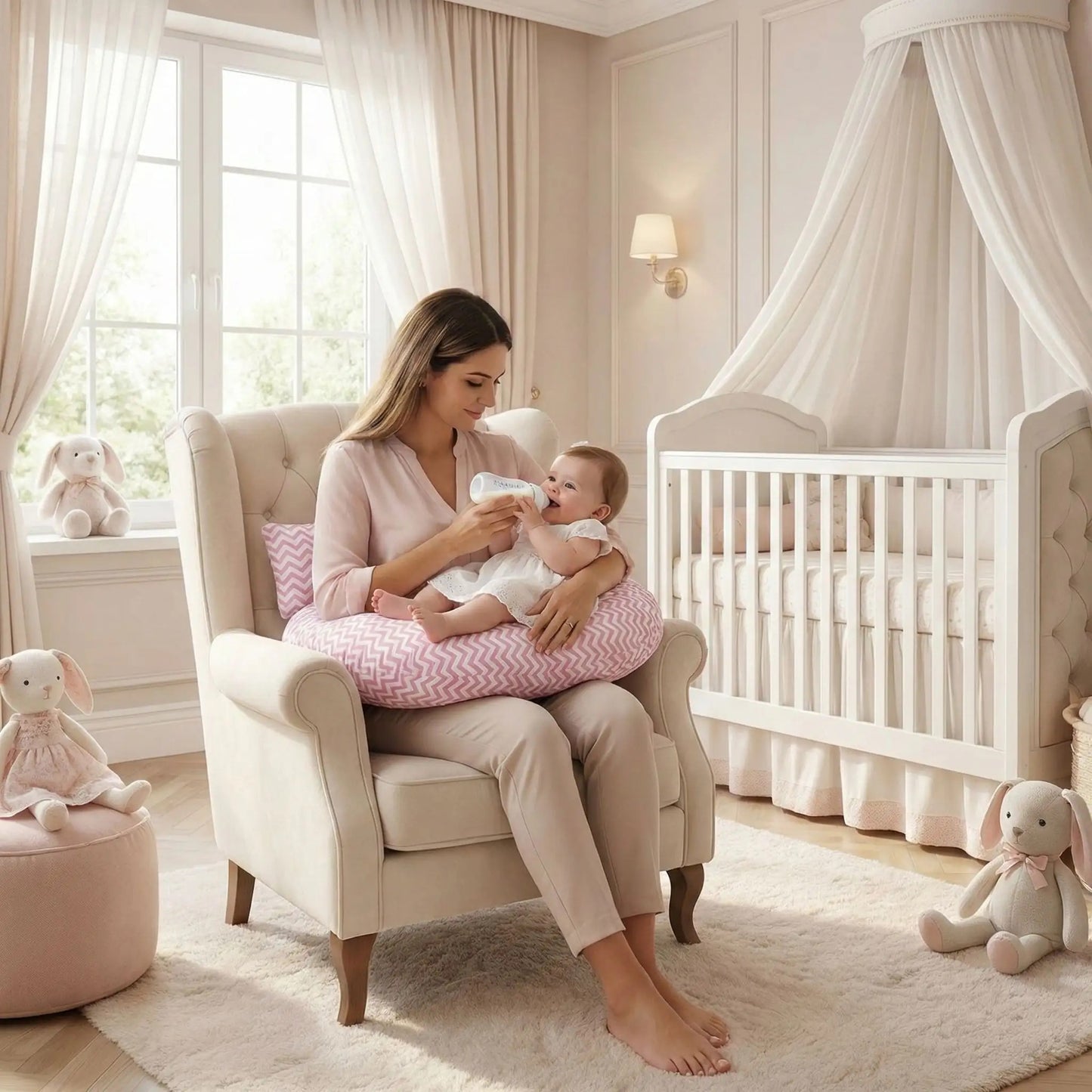 coussin allaitement rose avec maman et bébé fille