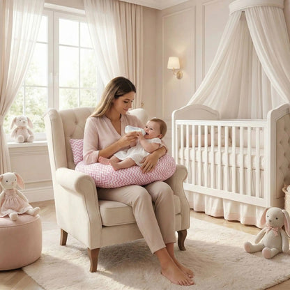 coussin allaitement rose avec maman et bébé fille