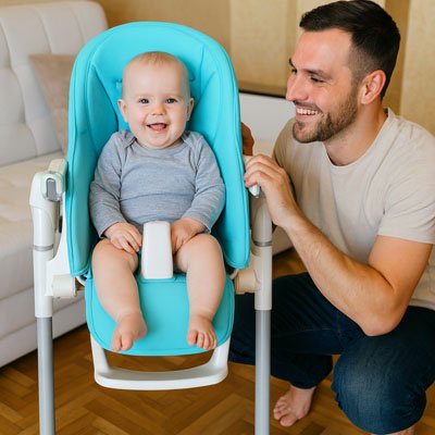 Coussin chaise haute bleu est un  équipement repas pour bébé 