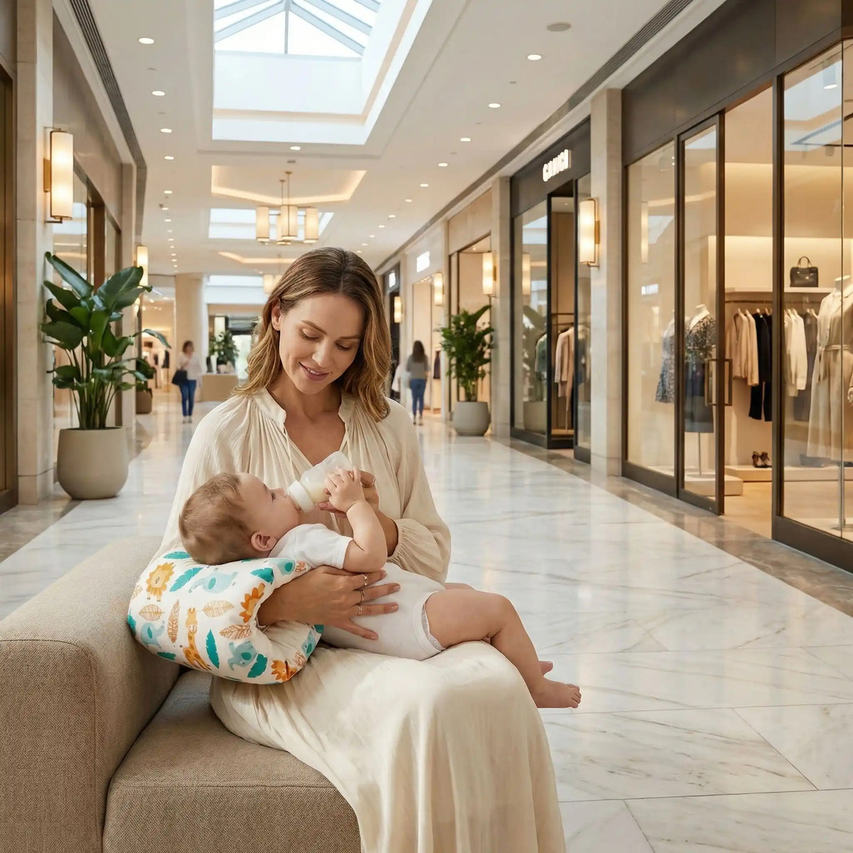 Coussin d'allaitement avec maman dans un centre commercial
