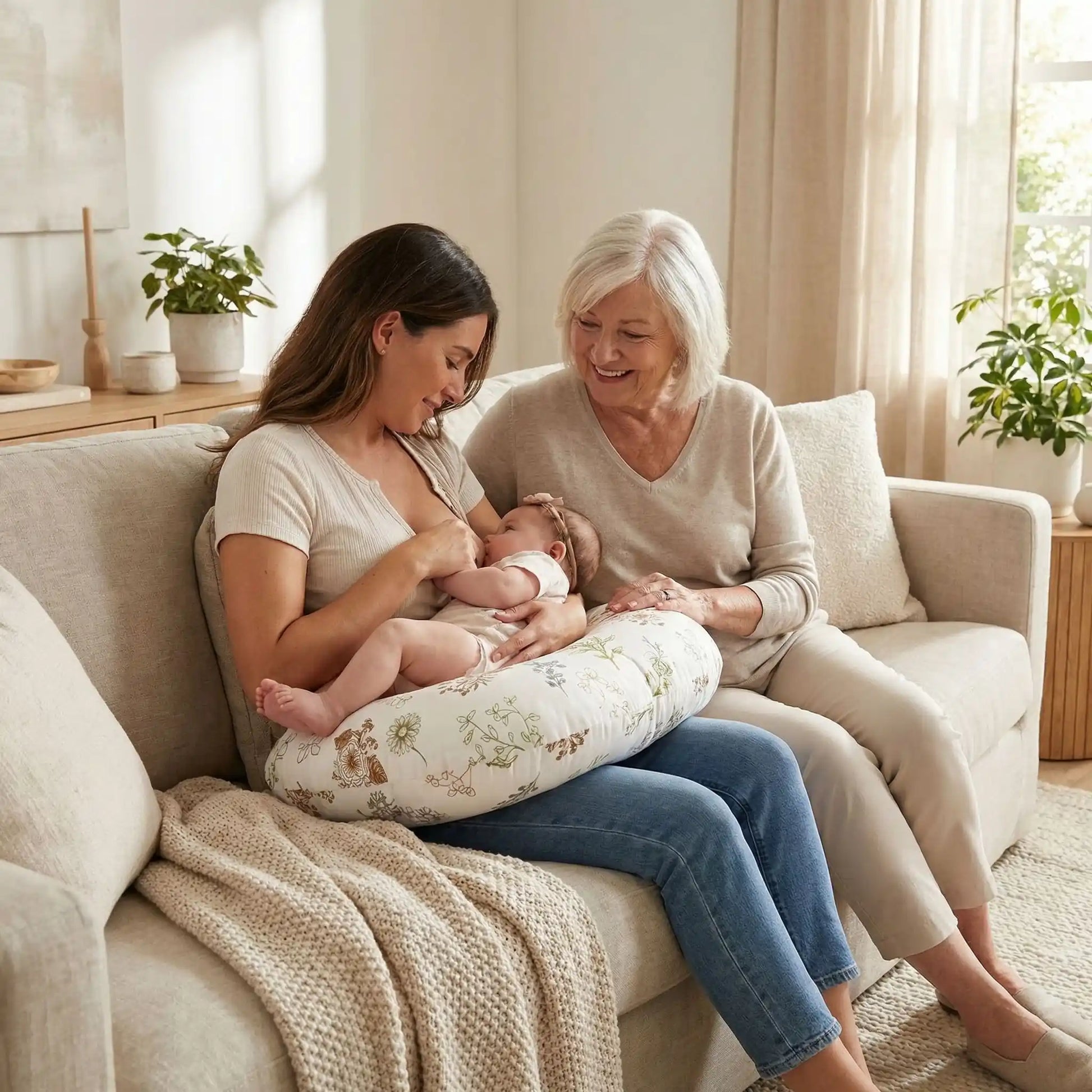 coussin d'allaitement avec maman et bébé  couleur rose