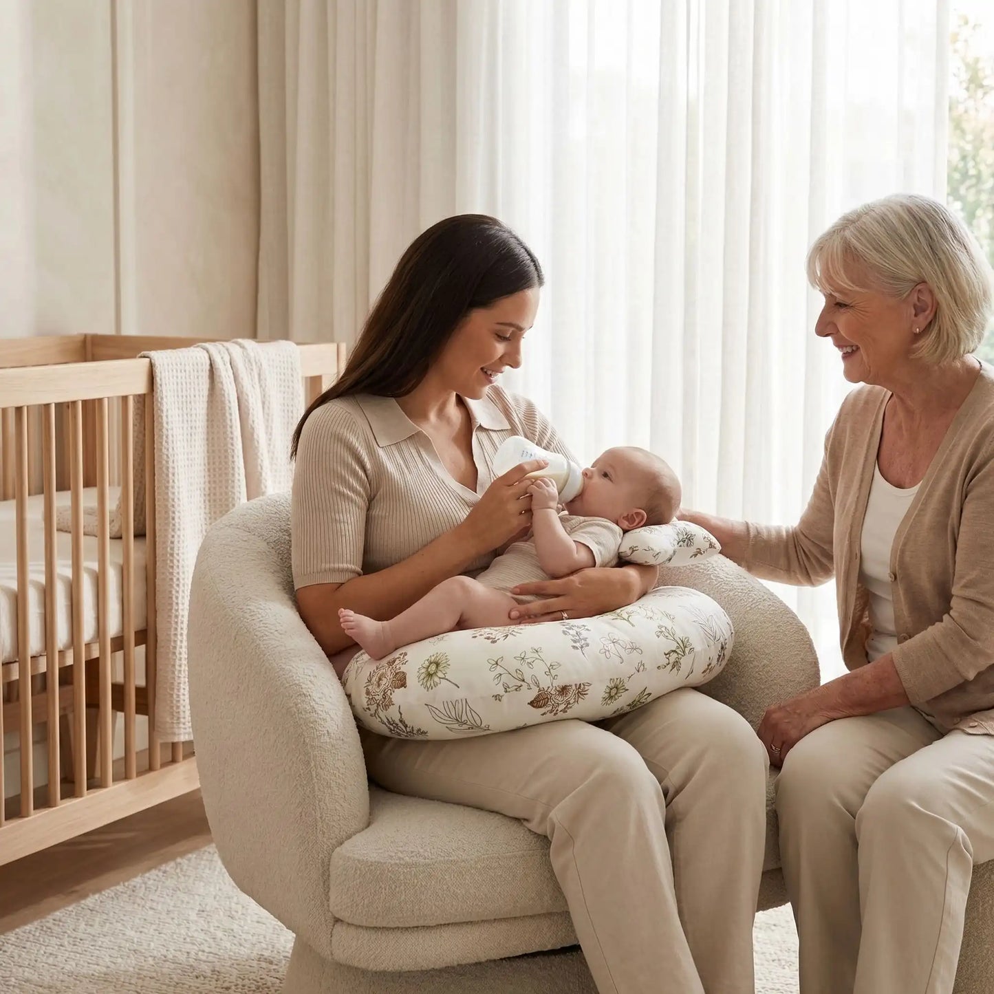 Coussin d'allaitement avec maman et grande mère à côté 