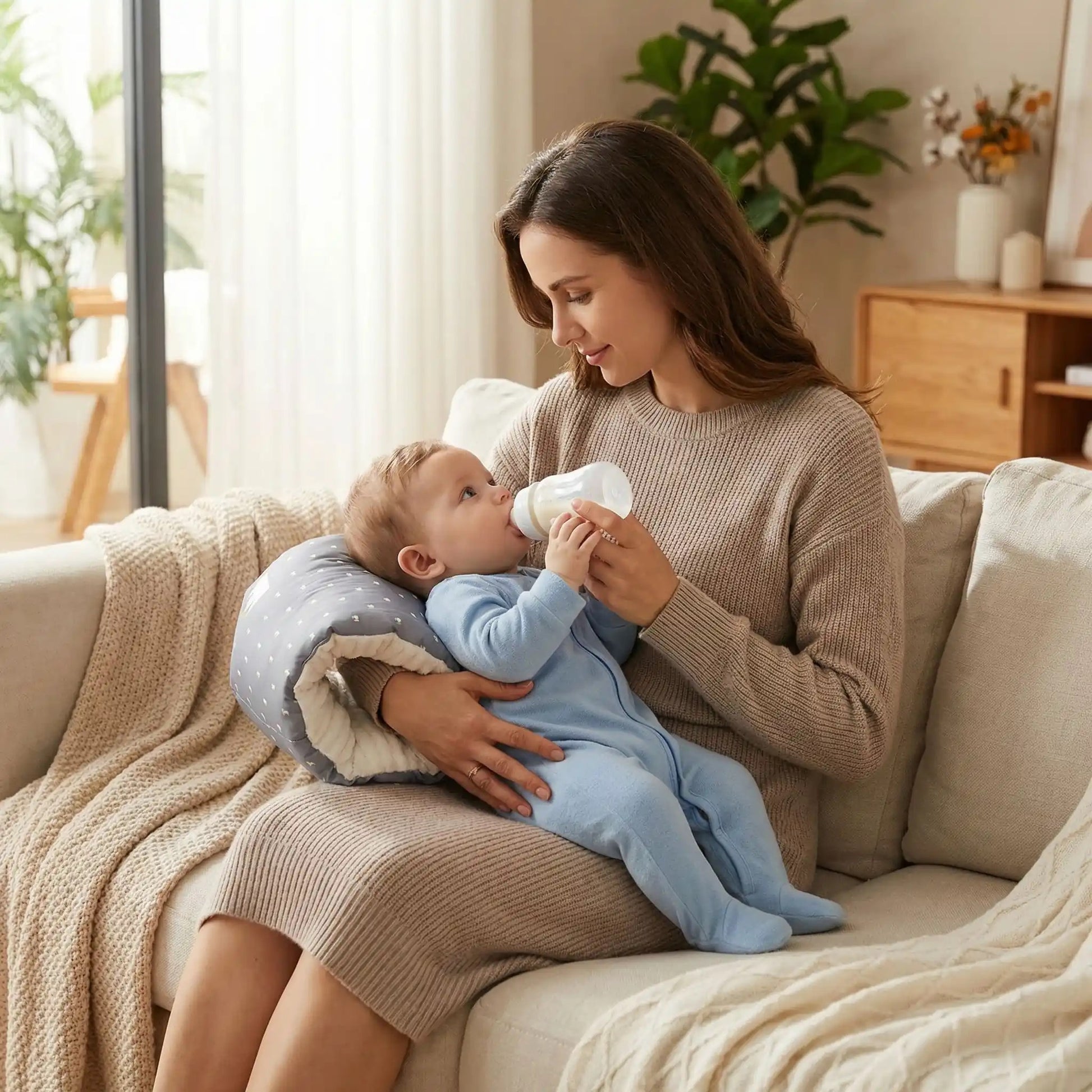 coussin d allaitement bebe biberon maman robe beige