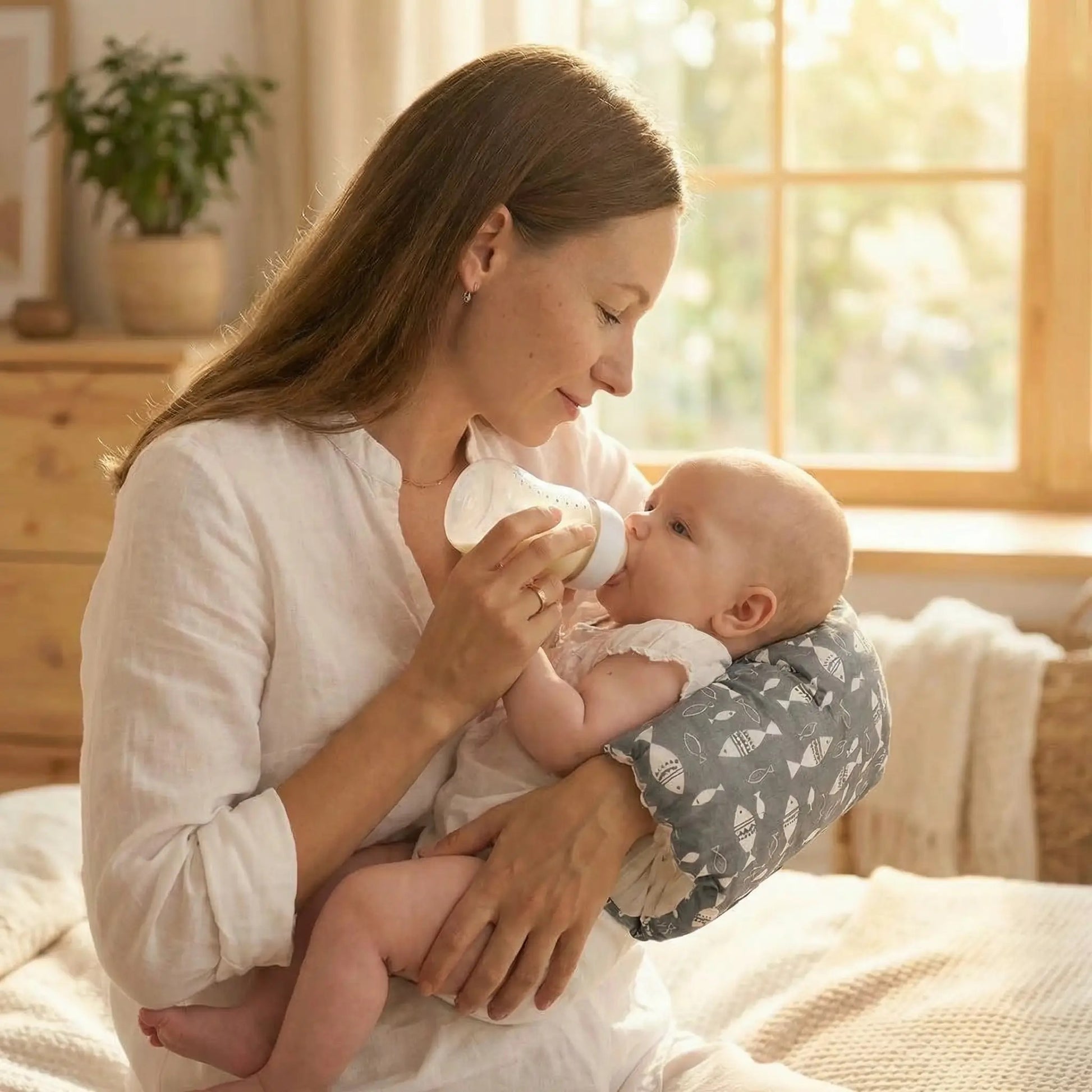 coussin d allaitement gris bebe biberon maman