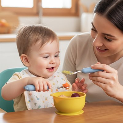 Couvert bébé​ bleu avec maman et bébé