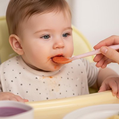 Cuillère bébé rose avec nourriture 