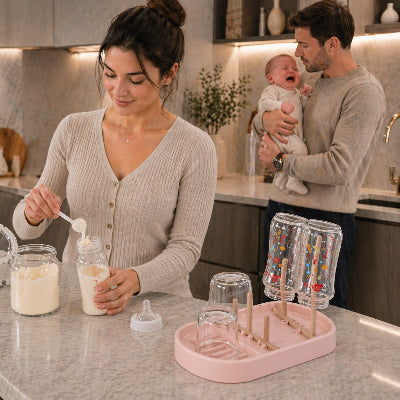 Égouttoir rose à côté du maman