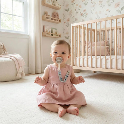 fille avec attache tetine fleur bleu