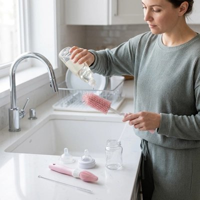 goupillon biberon avec couleur rose dans une cuisine