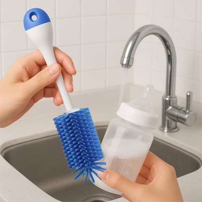 Goupillon biberon bleu et biberon