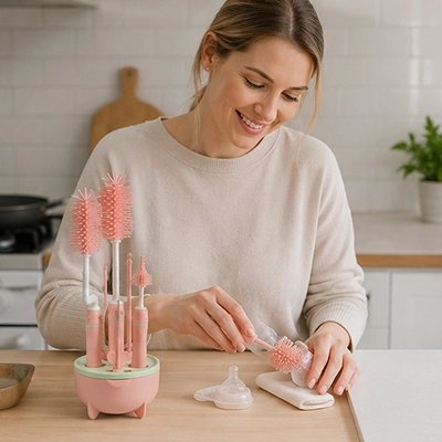 goupillon biberon couleur rose en silicone
