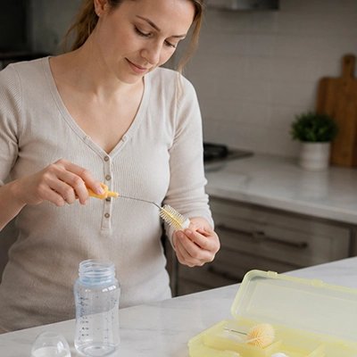 goupillon biberon dans les mains du maman 
