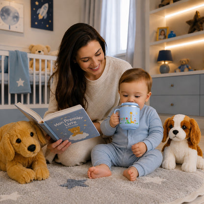 Maman à côté  de sons bébé qui boit avec un tasse d'apprentissage bebe