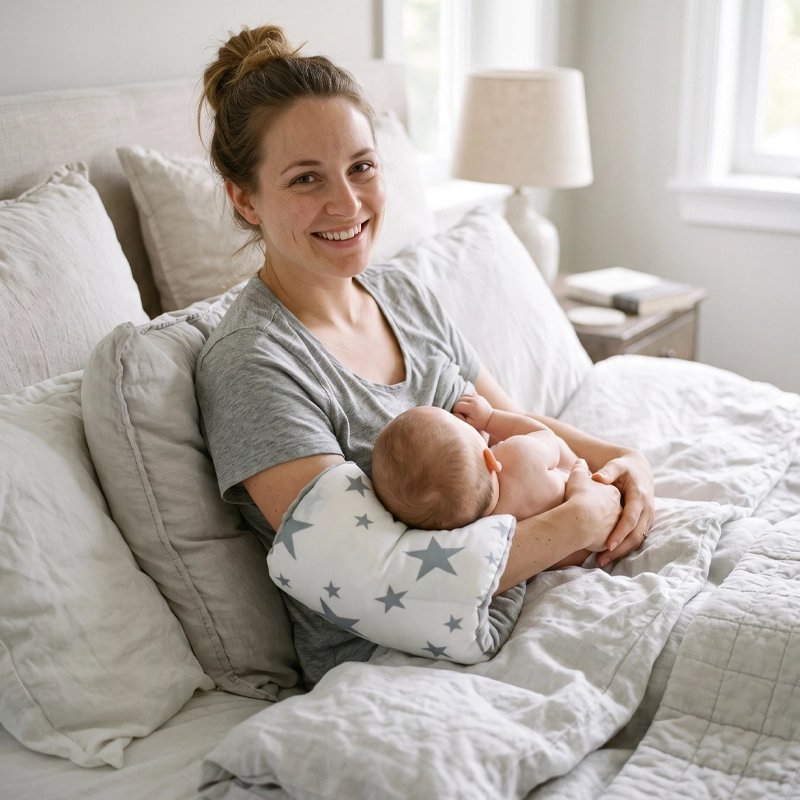 maman allaite son bébé avec un coussin d'allaitement