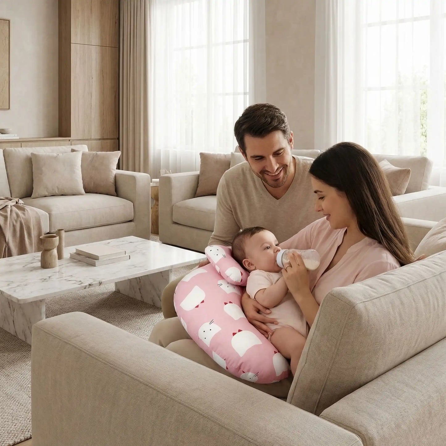 Maman allaite son bébé avec un  coussin d'allaitement 