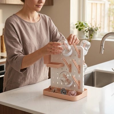 Maman arrange un biberon dans un Egouttoir biberon