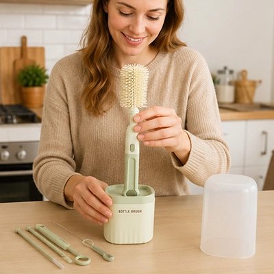 maman arrange un  goupillon biberon couleur vert