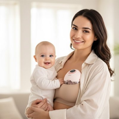 maman avec Tire lait rose et bébé 