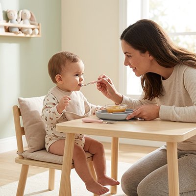 Maman donne la nourriture a sons bebe avec un Couvert pour bébé ​
