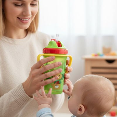 maman donne le  tasse apprentissage bebe a son garçons 