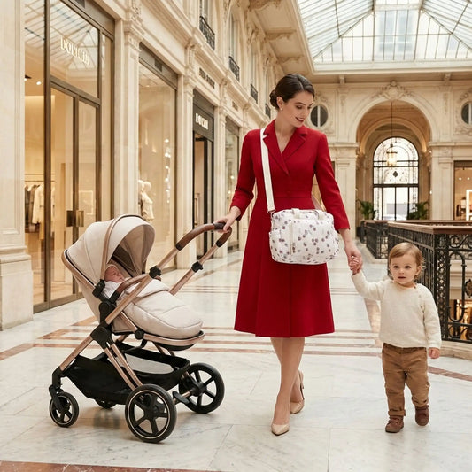 maman porte sac à langer bébé matelasse avec motif fleur rouge