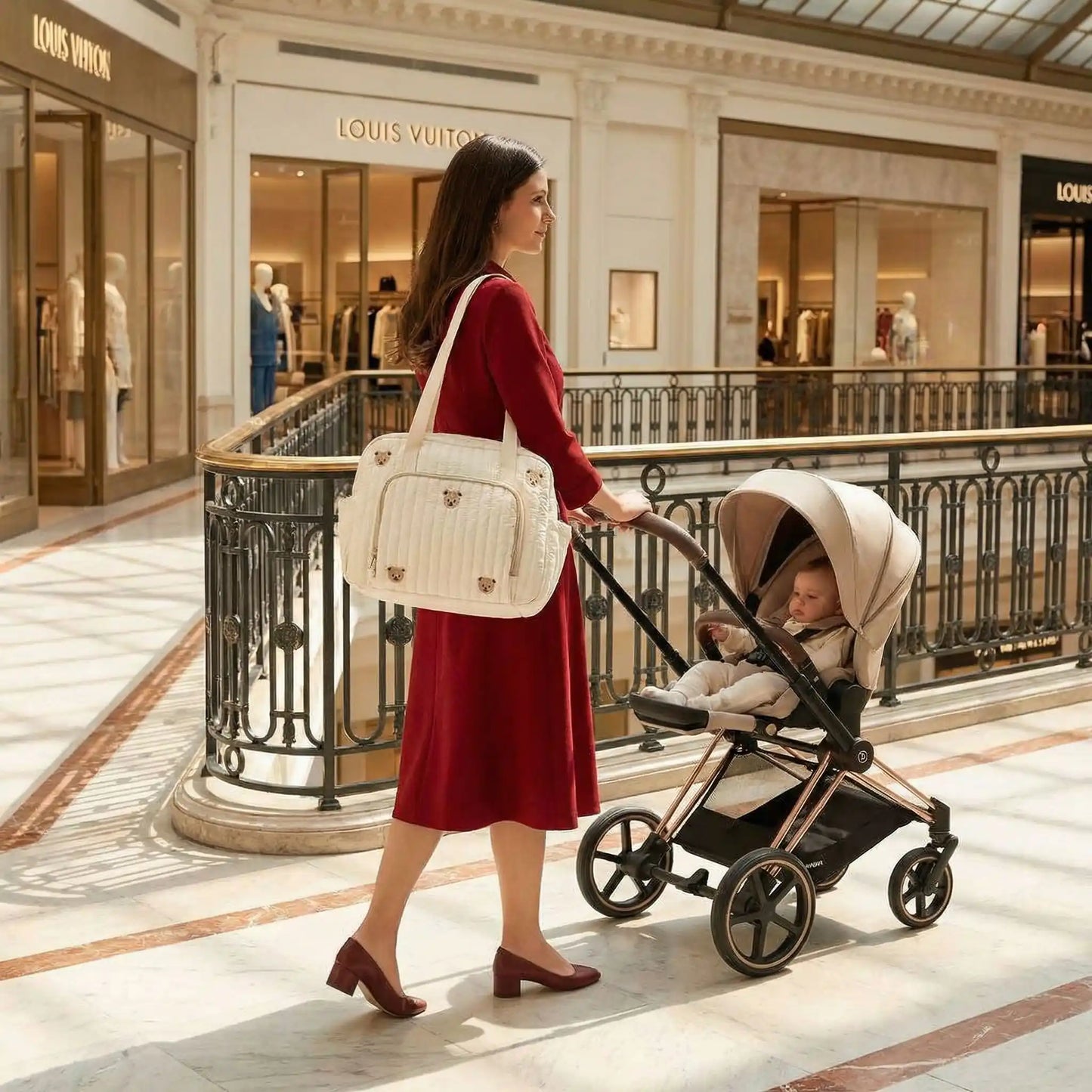 maman porte un sac à langer beige avec motif ours