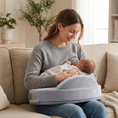 Maman utilise un coussin d'allaitement pour allaiter son bébé 