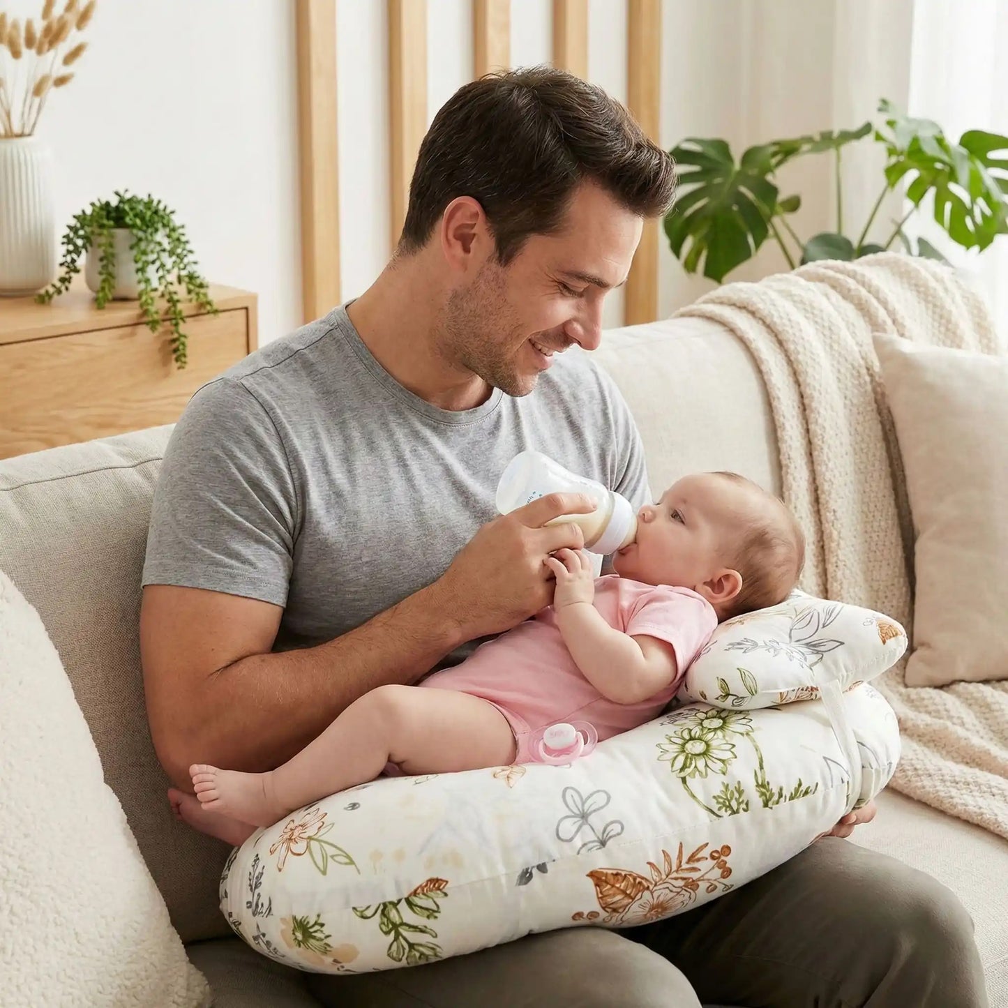 Papa avec bébé et coussin d'allaitement