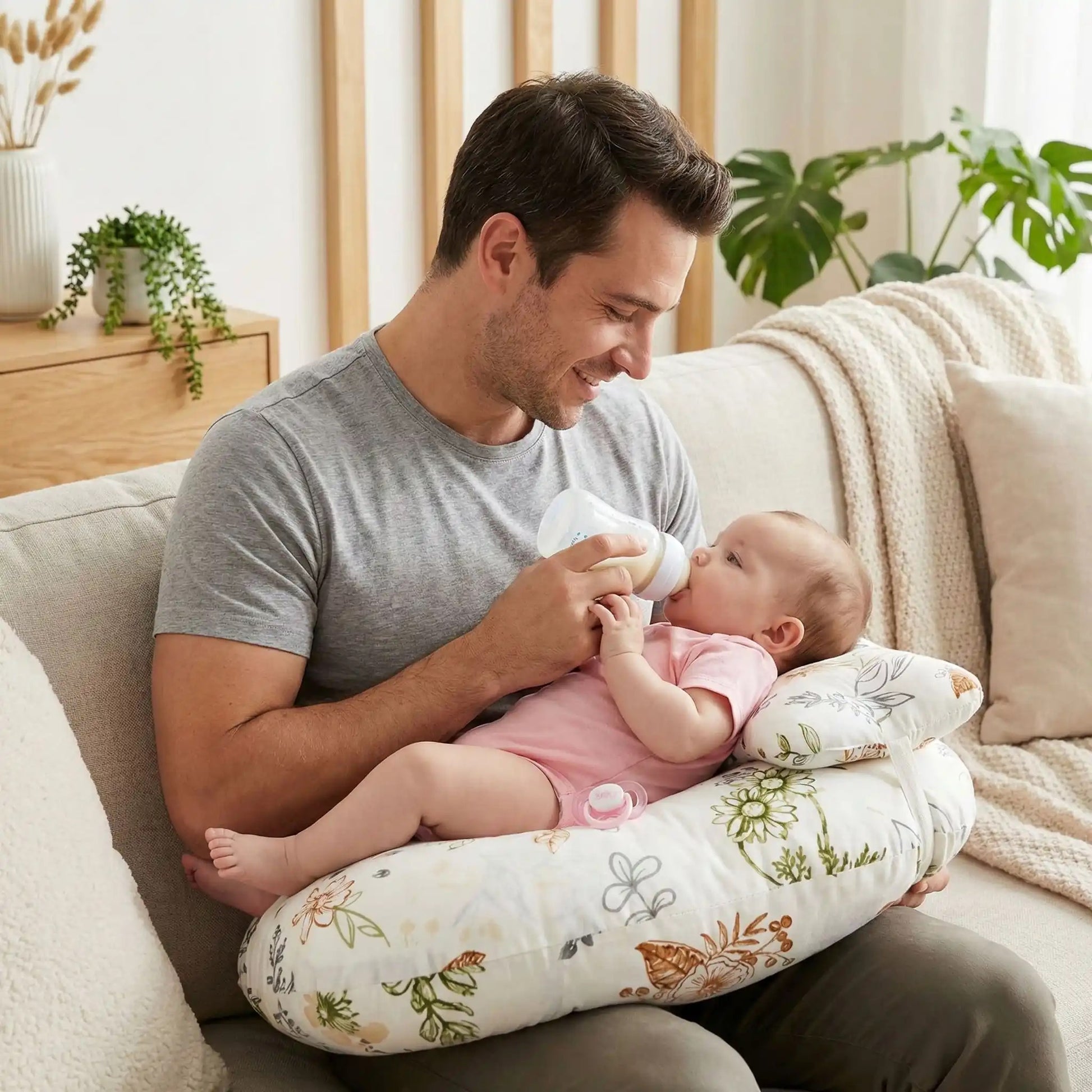 Papa avec bébé et coussin d'allaitement