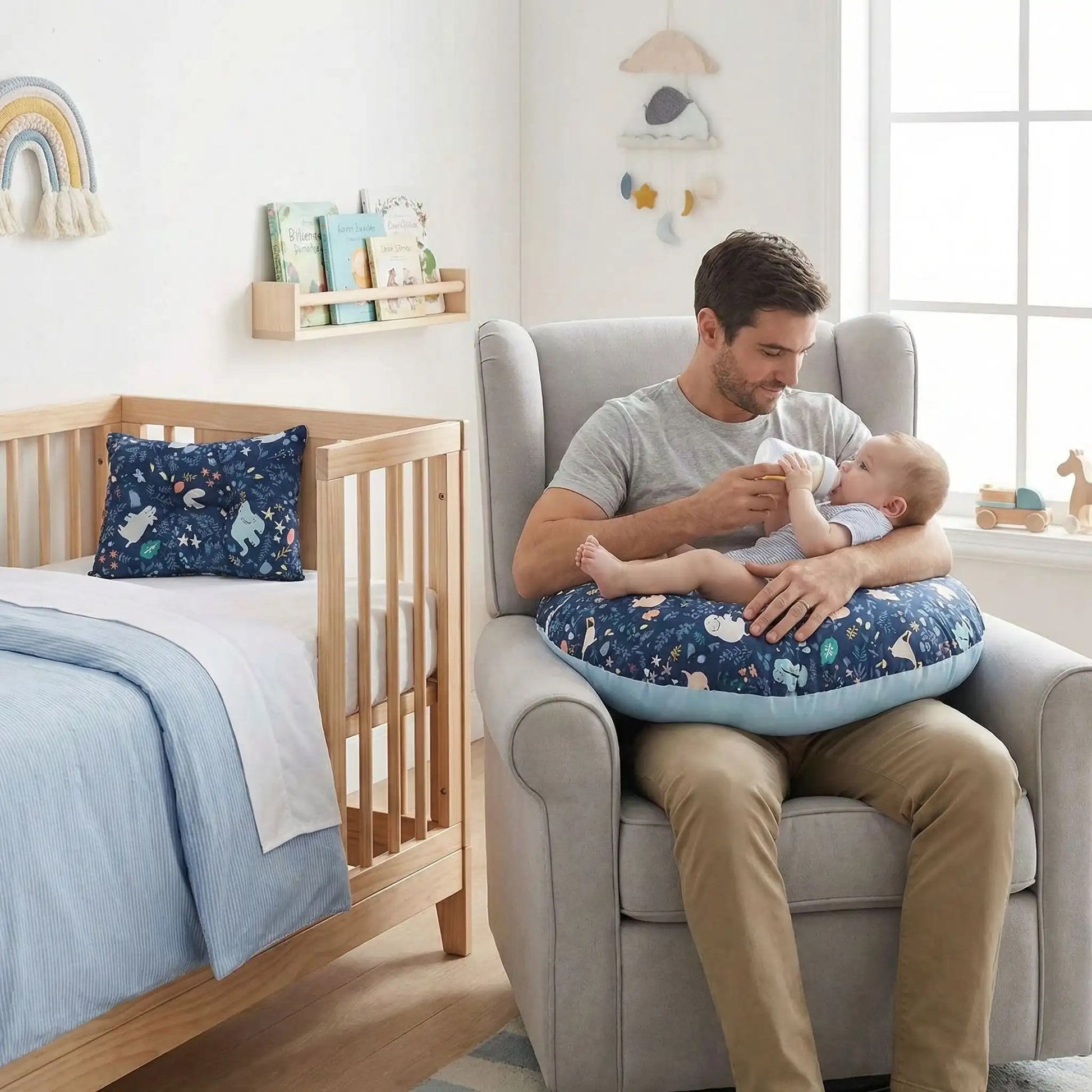 papa avec coussin d'allaitement blanc