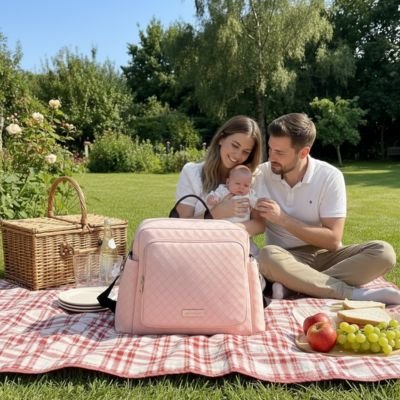 sac à langer bébé rose sur tapis 