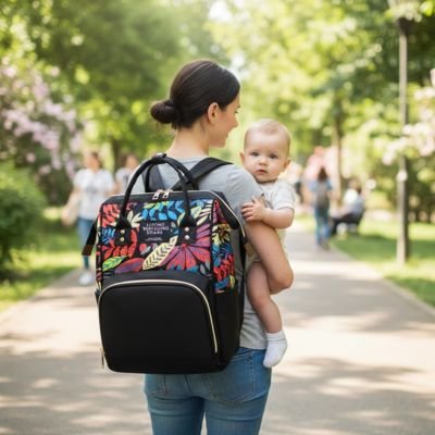 Sac à langer bébé noir avec maman dans le parc