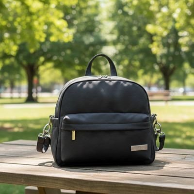 Sac a langer bebe noir sur table dans un parque