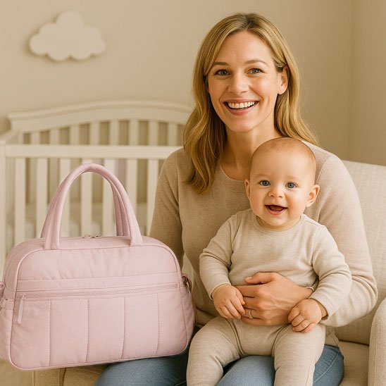 Sac à langer rose a côté du maman