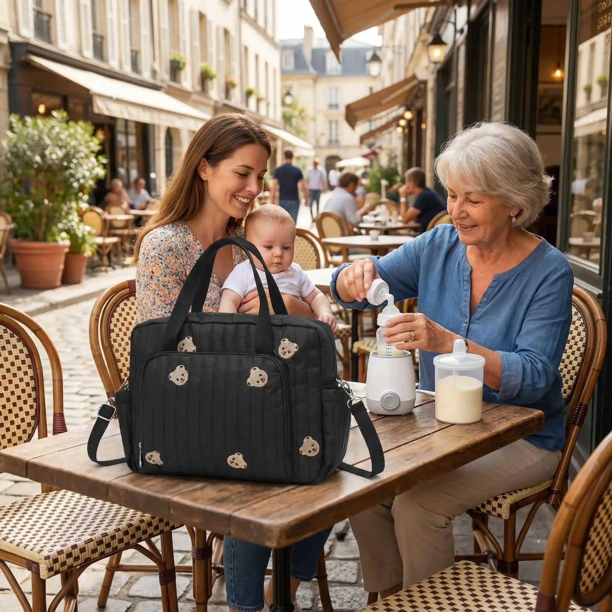 sac à langer sur table dans un terrasse avec maman