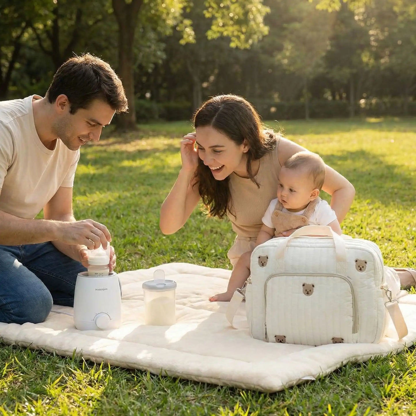 sac à langer sur tapis avec chauffe biberon et doseur de lait dans un parc