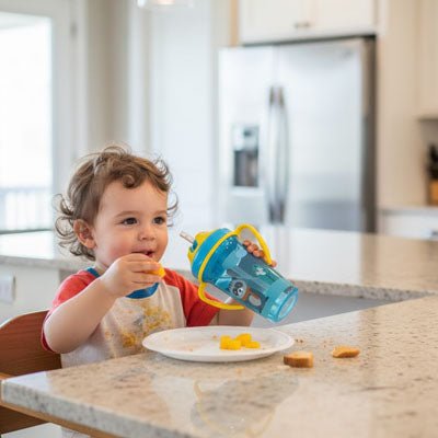 tasse apprentissage bebe bleu dans les mains du  garçon 