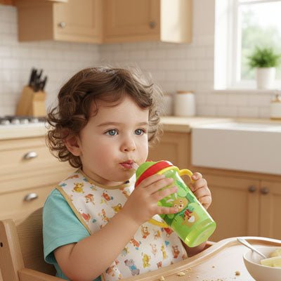 tasse apprentissage bebe vert dans les main du bebe